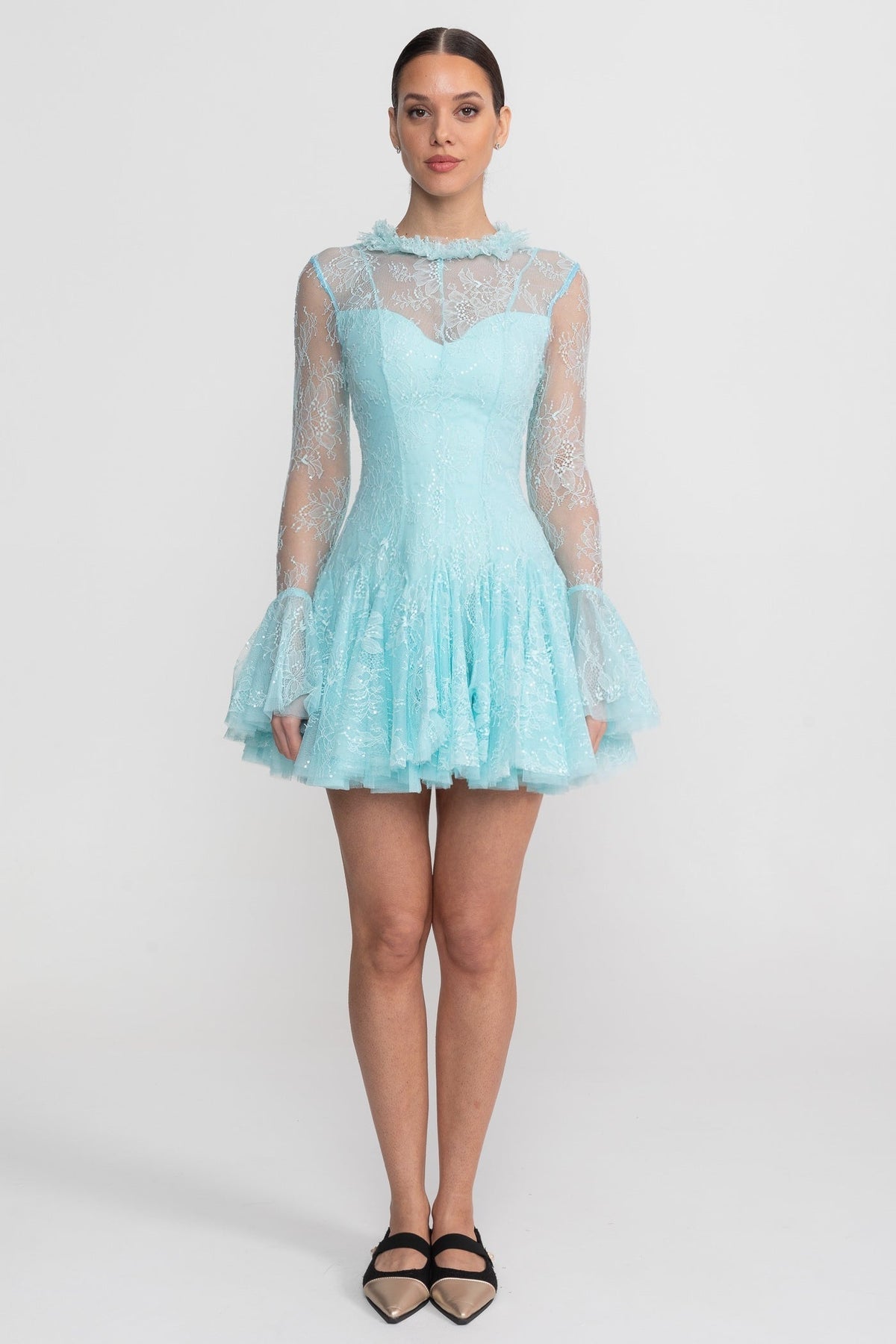 Sheer Lace Ruffle Neck Long Sleeve Flared Cuff Ruffle Hem Mini Dress 3