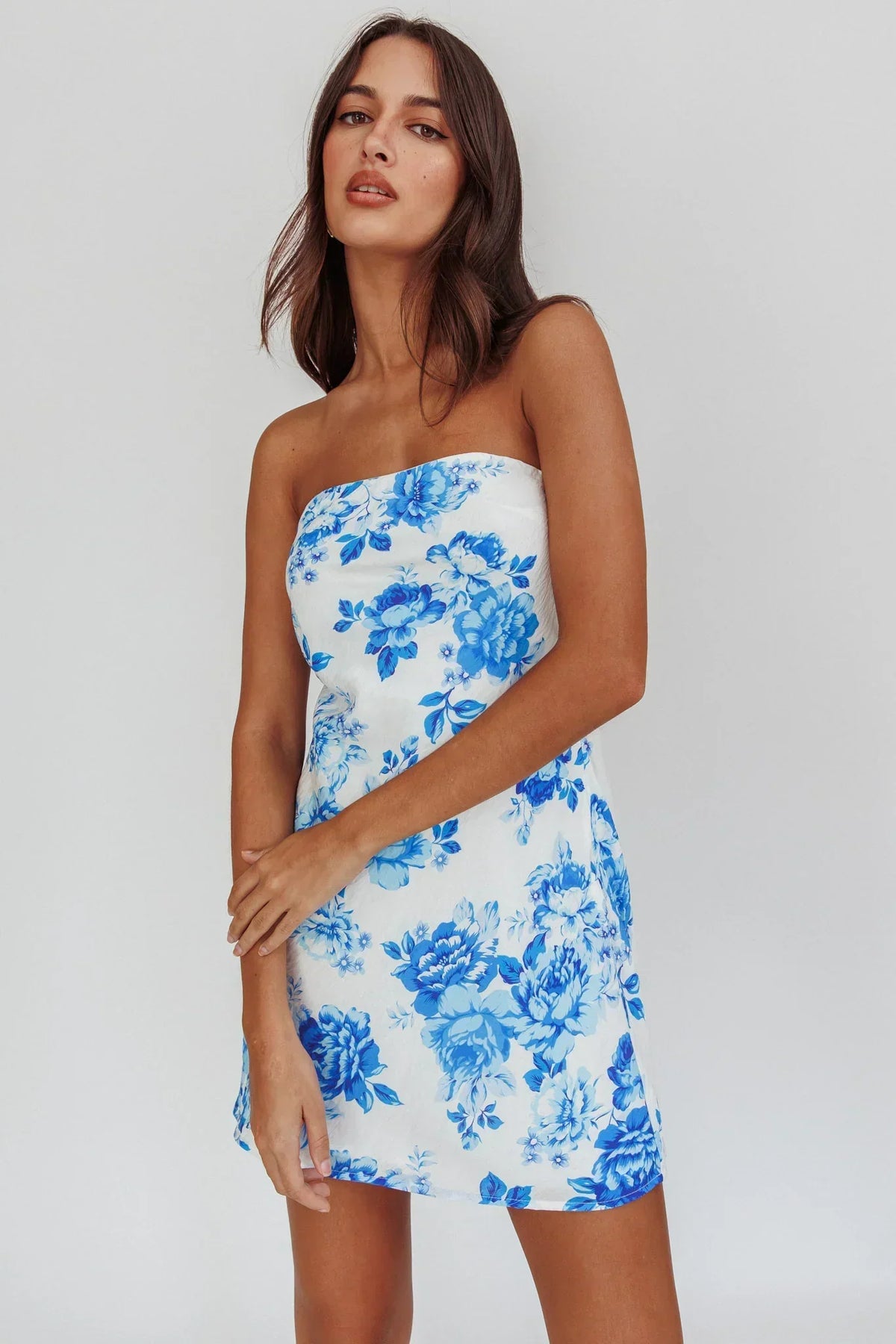 Floral Print Strapless Straight Neck Shift Mini Dress