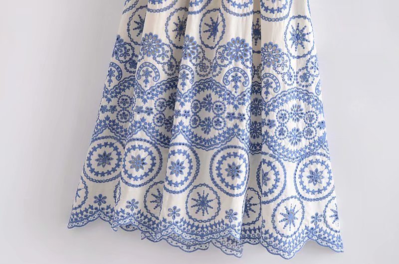 Smocked Ruffle Strap Medallion Embroidery Waist Cut Out Scalloped Hem Midi Dress