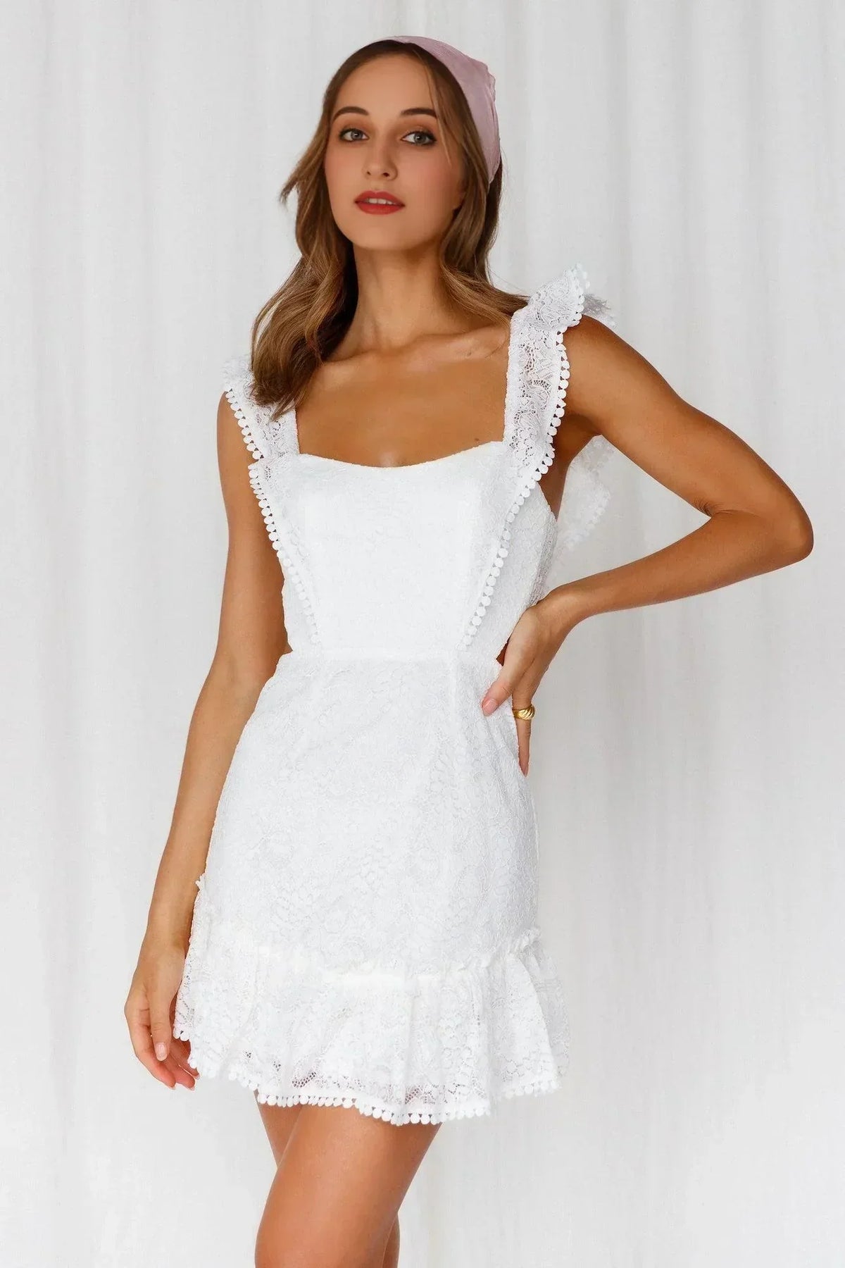 Lace Square Neck Ruffle Strap Cut Out Flounce Hem Mini Dress 3