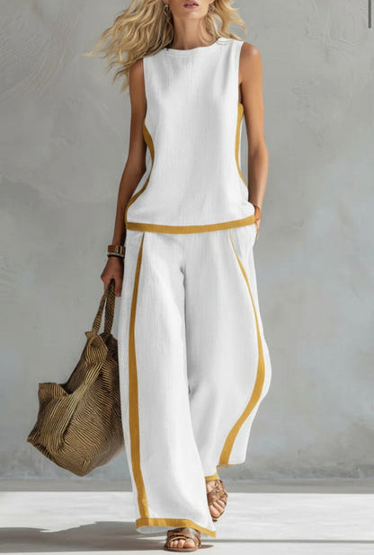 Contrast Trim Sleeveless Top and Wide Leg Pants Two Piece Set