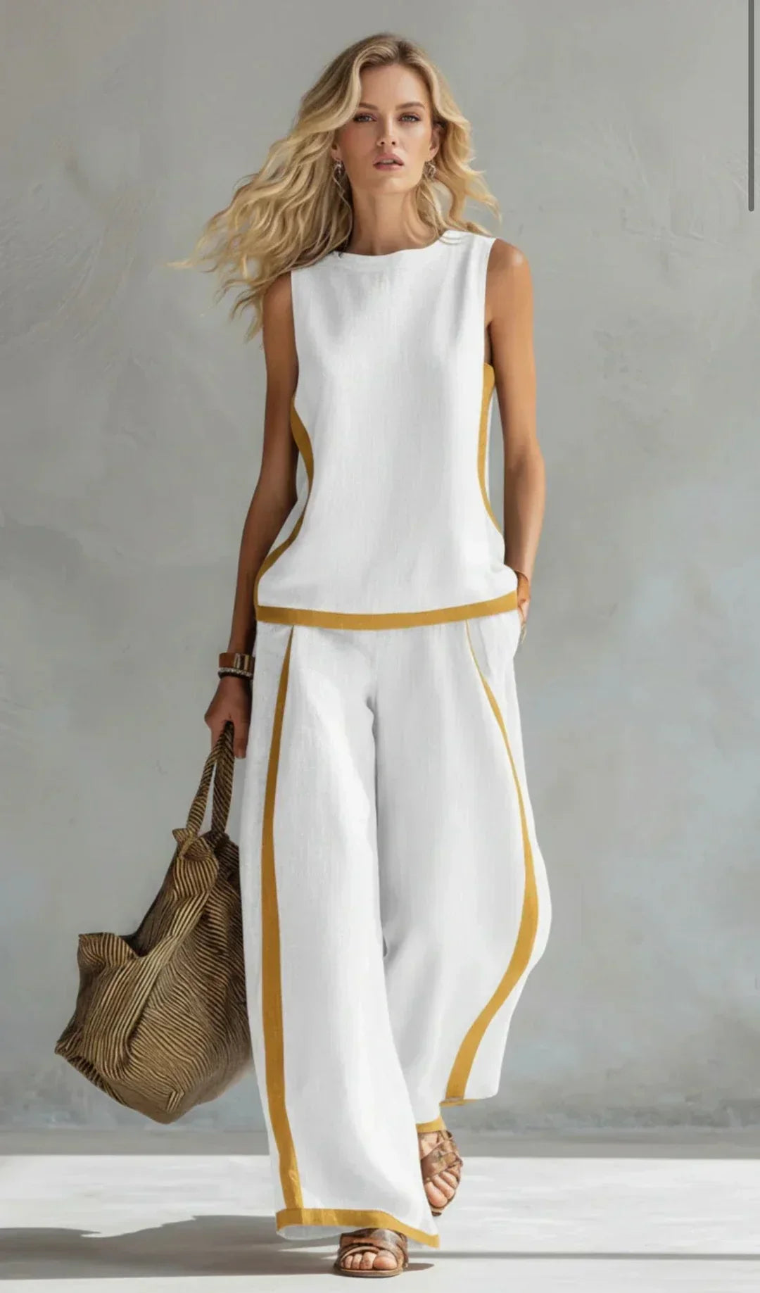Sleeveless Contrast Trim Top and Wide Leg Pants Two Piece Set