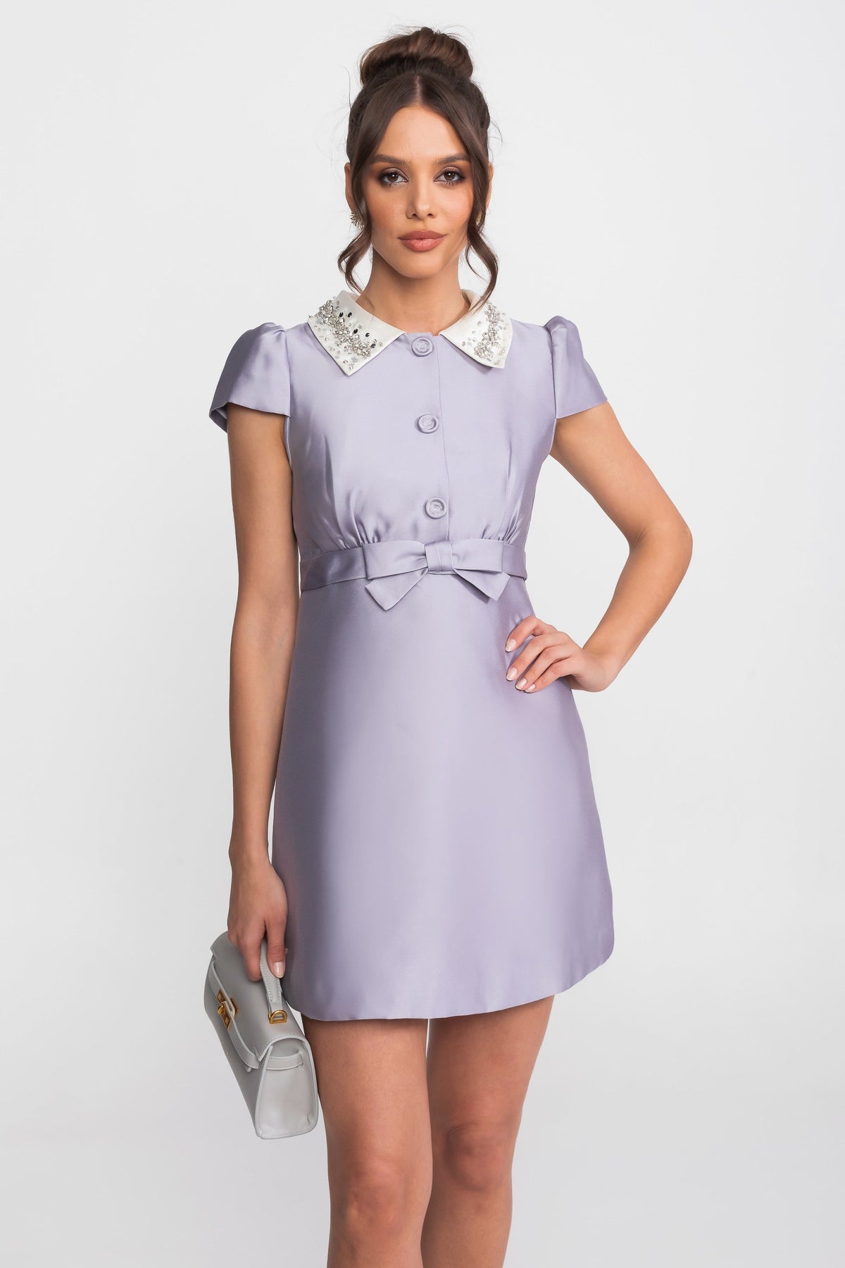 Satin Embellished Collar Cap Sleeve Bow Waist A-Line Mini Dress