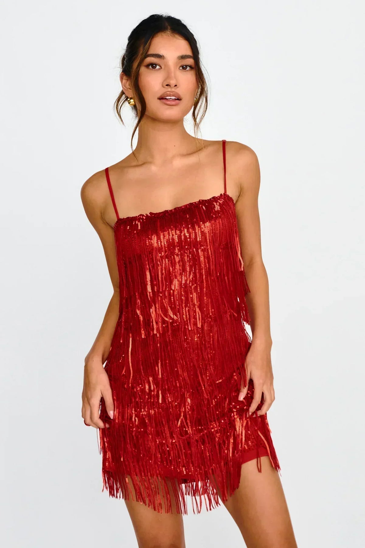Sequin Fringe Spaghetti Strap Straight Neck Party Mini Dress 6
