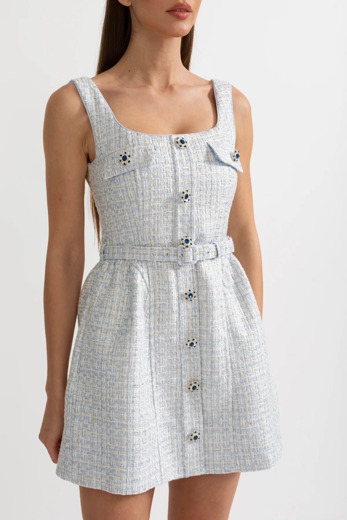 Tweed Square Neck Sleeveless Jewel Button Belted Mini Dress - View 3