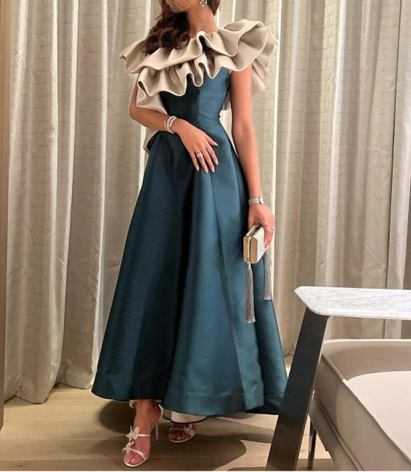 Red Ruffled Neckline A-line Evening Dress cc919