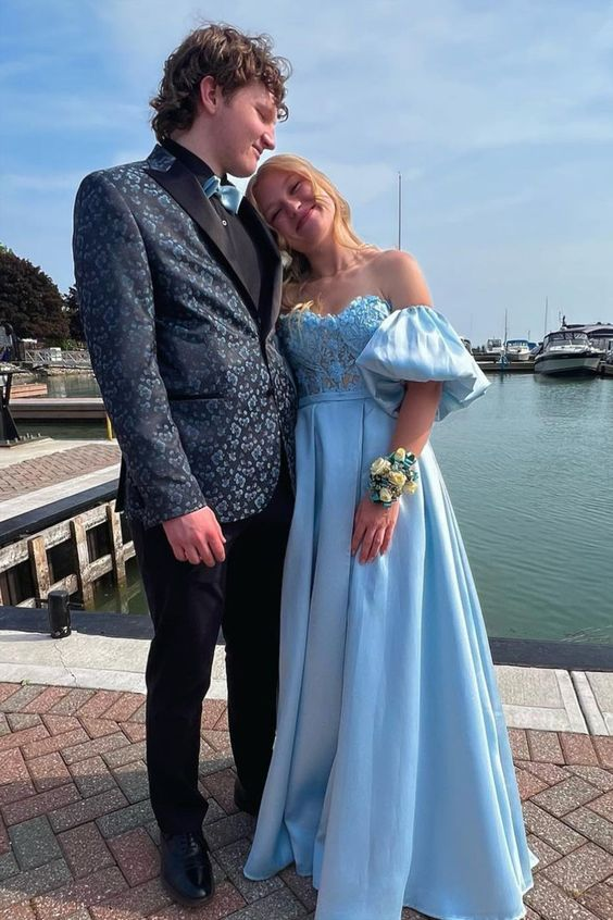 Light Blue Sweetheart Long Prom Dress with Detachable Sleeves cc938