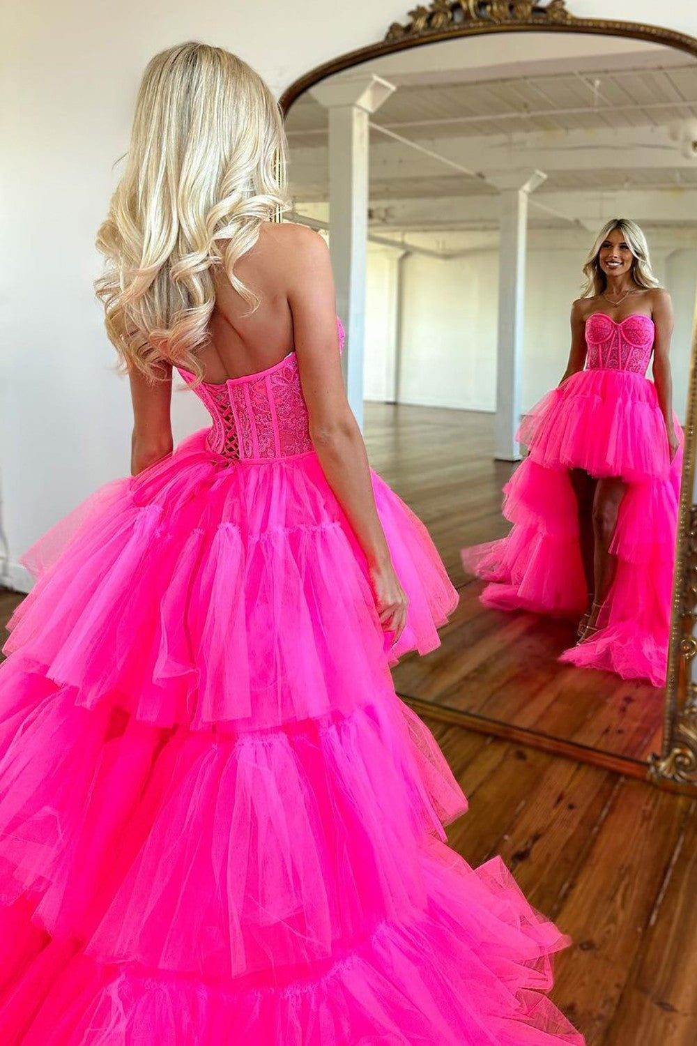 Cute Hot Pink High-Low Sweetheart Long Tulle Prom Party Dress