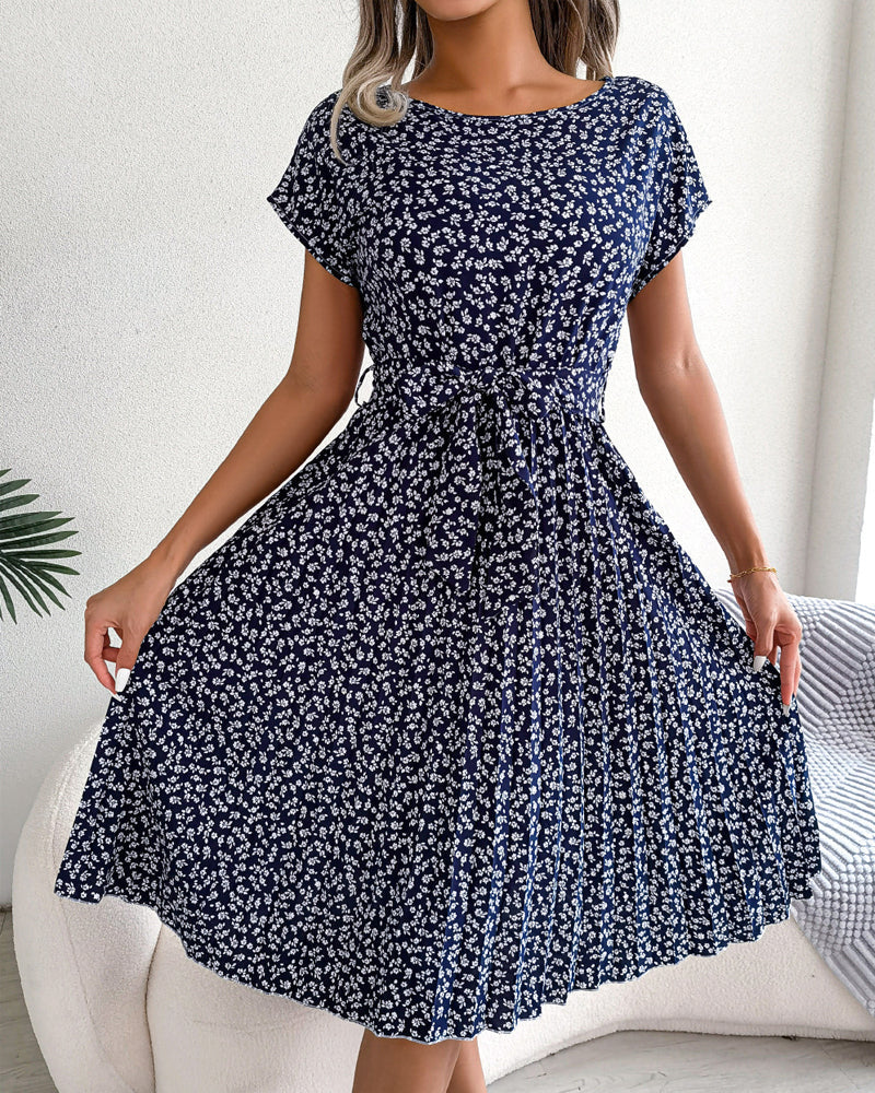Short sleeve floral print tie dress