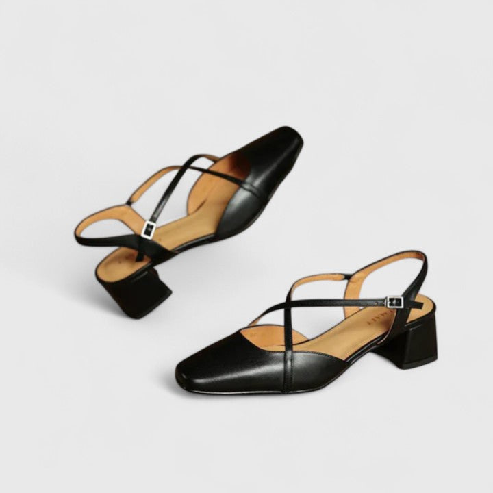 Square Toe Slingback Cross Strap Block Heel Pumps