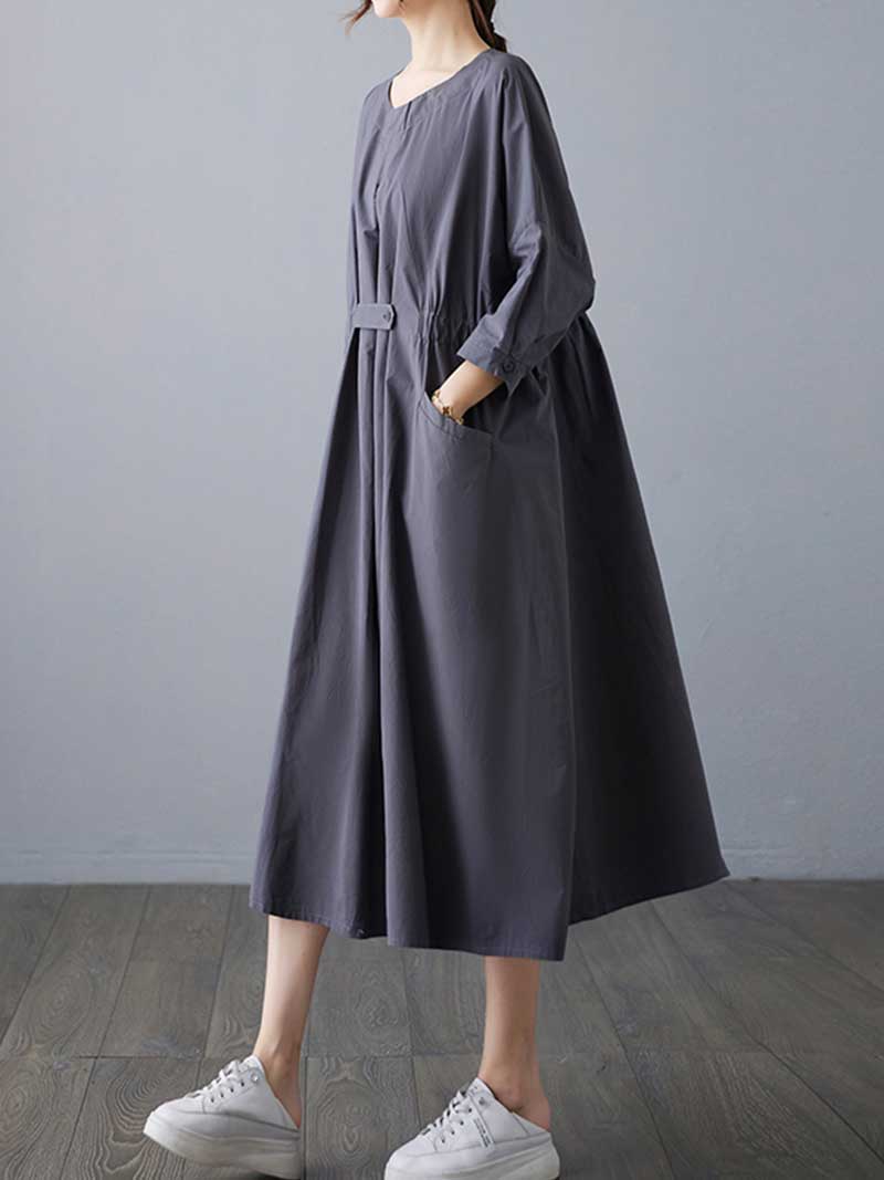 Round Neck Three Quarter Sleeve Gathered Waist Pleated Pocket A-Line Midi Dress