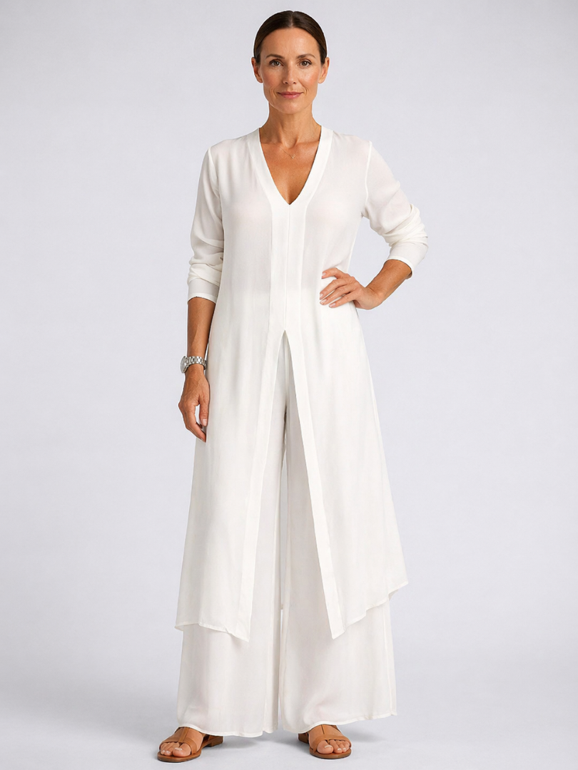 Longline V-Neck Duster and Wide Leg Pants Two Piece Set