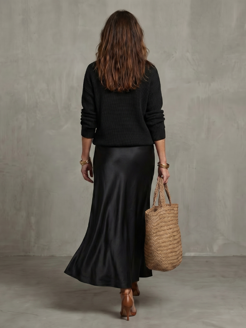 V-Neck Knit Sweater and Satin Slip Maxi Skirt Two Piece Set