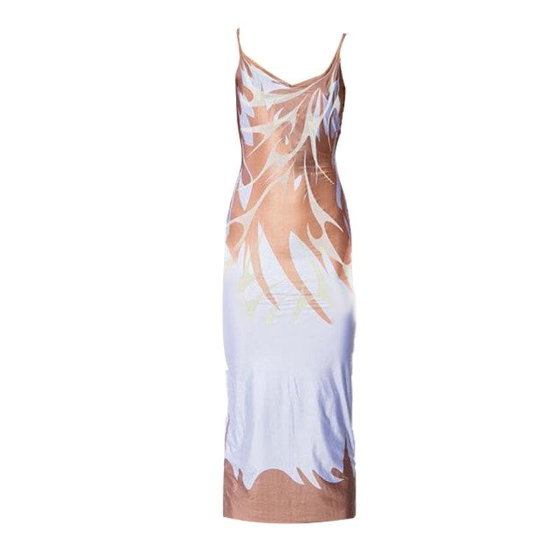 Low-cut print backless cami midi dress