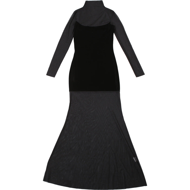Velvet Crush Mesh Panel Mock Neck Long Sleeve Maxi Gown