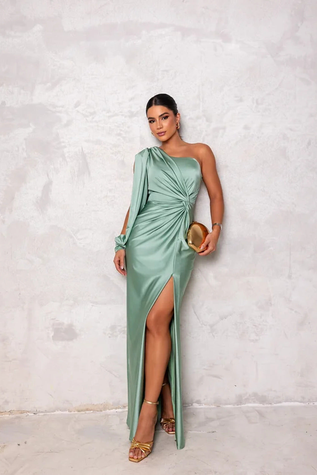Satin One Shoulder Draped Bishop Sleeve Twist Waist Ruched High Split Midi Dress
