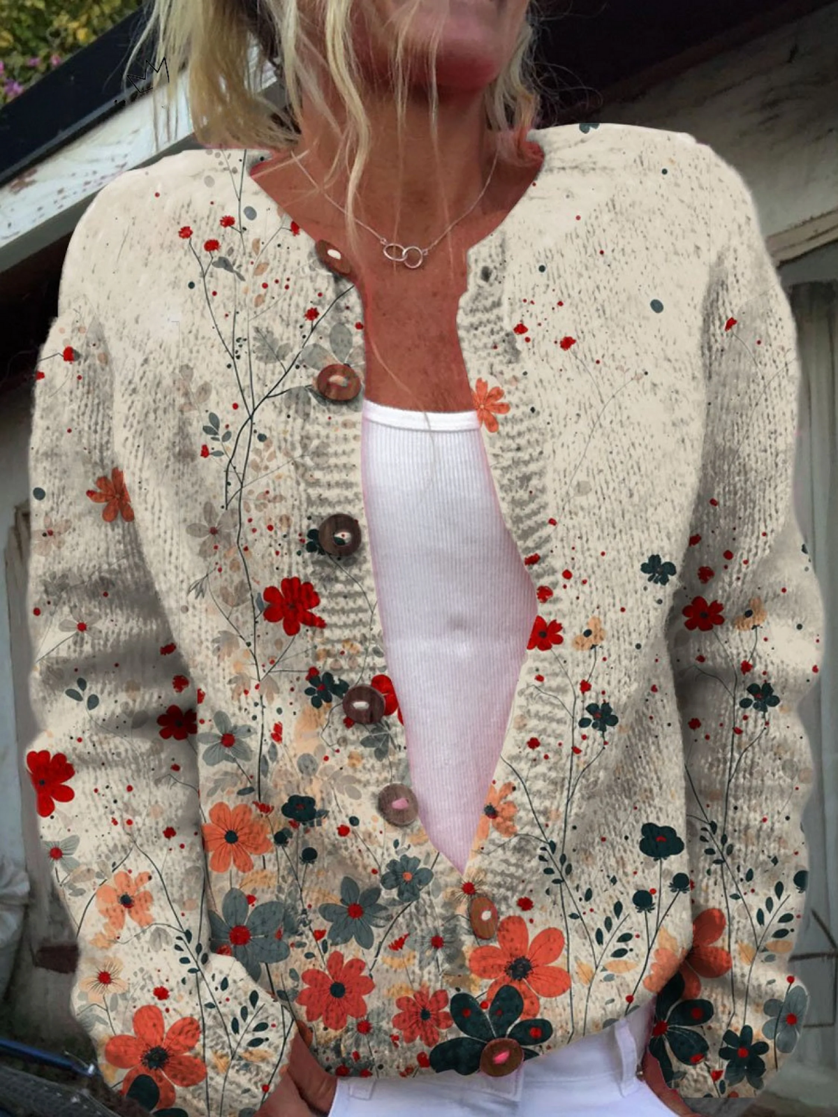 Floral Print Button Front Knit Cardigan