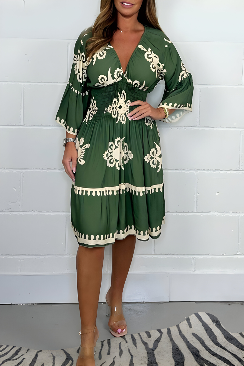 Floral Print V-Neck Half Sleeve Tiered Midi Dress