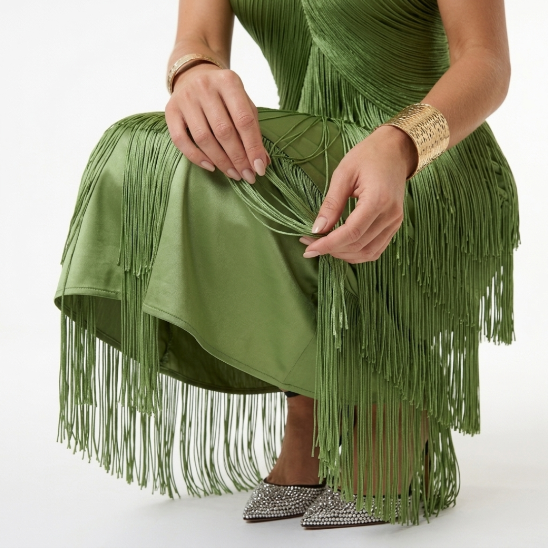 Tiered Fringe Halter Neck High Split Maxi Dress