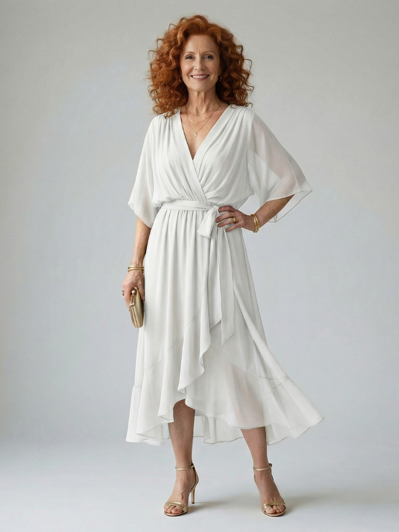 Chiffon V-Neck Kimono Sleeve Belted Ruffle Midi Dress
