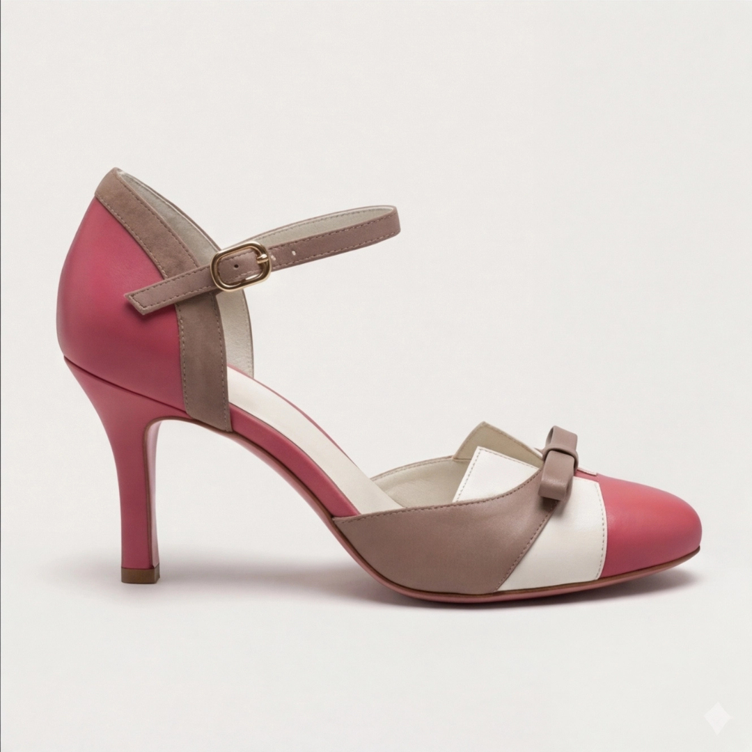 Round Toe Ankle Strap Bow Stiletto Heel Pumps
