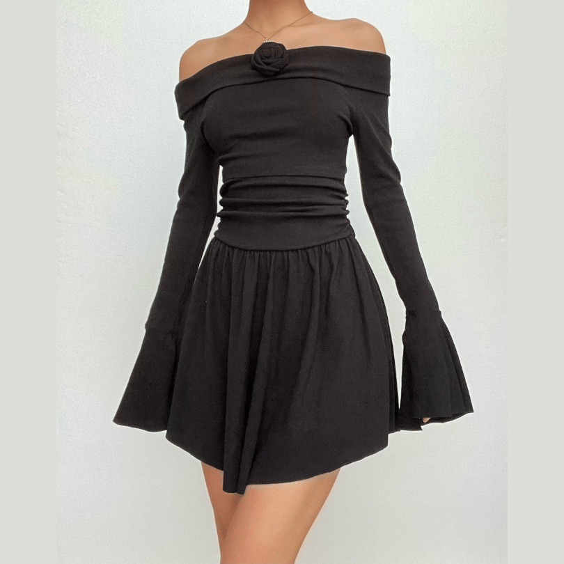 Flower applique off shoulder long flared sleeve slit mini dress