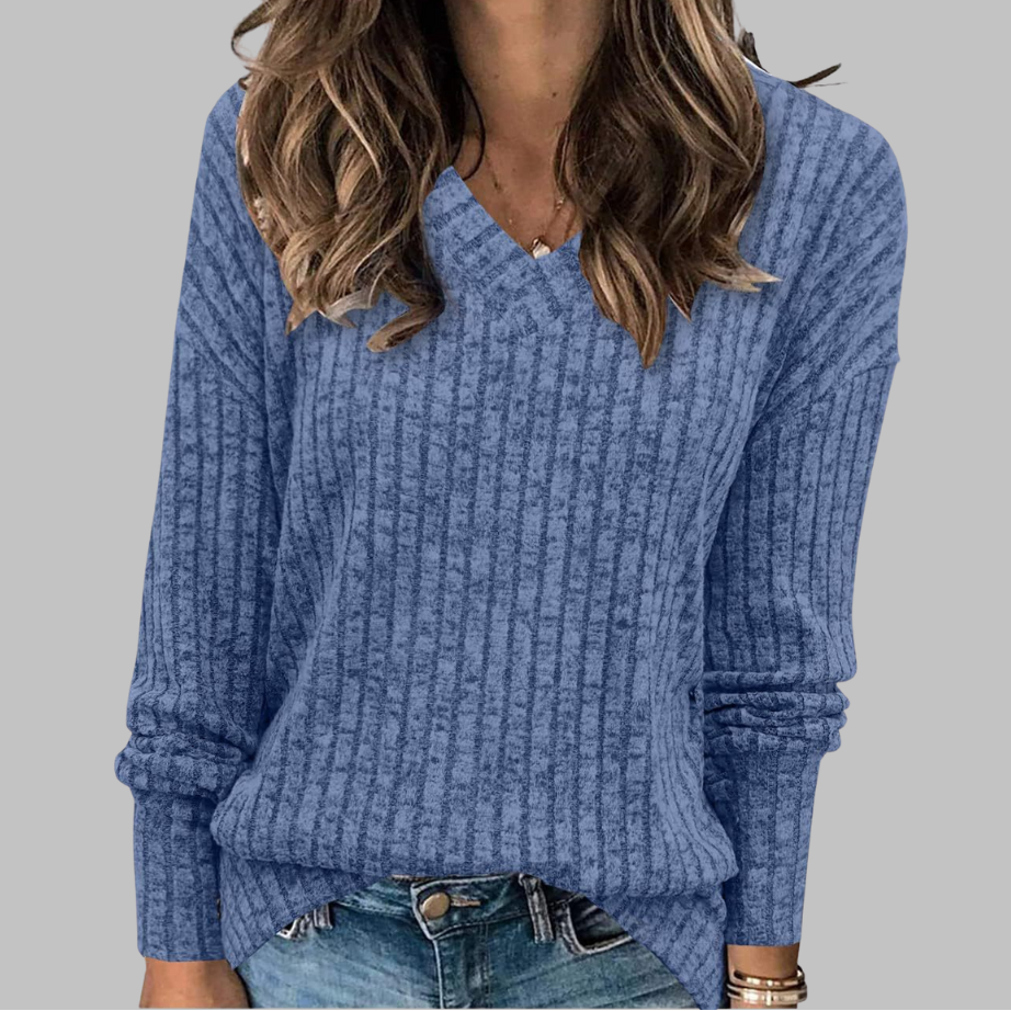 V-Neck Long Sleeve Ribbed Knit Sweater