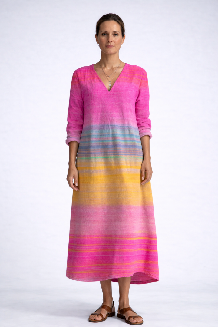 Striped V-Neck Long Sleeve A-Line Maxi Dress Summer