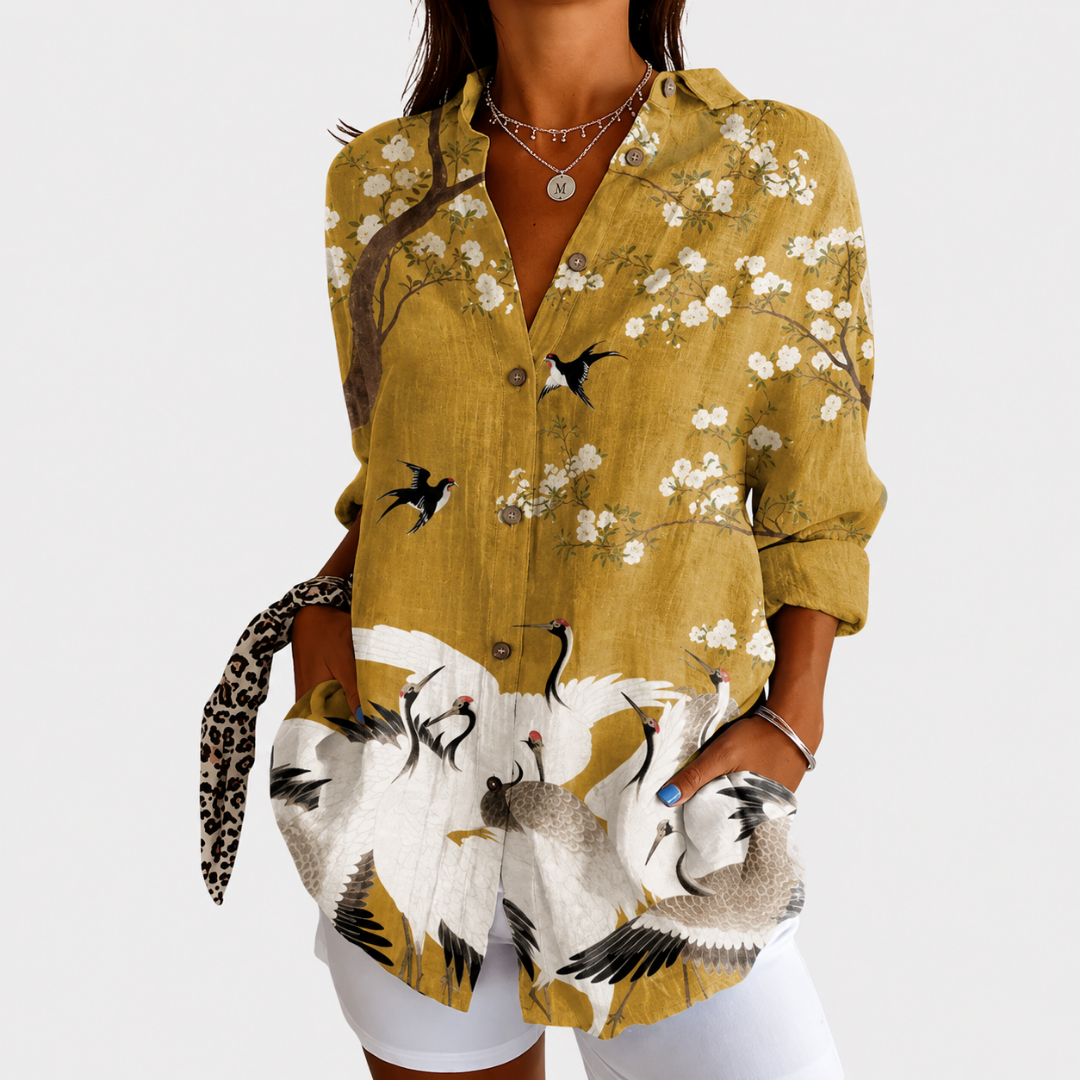Crane Bird Print V-Neck Long Sleeve Button Blouse