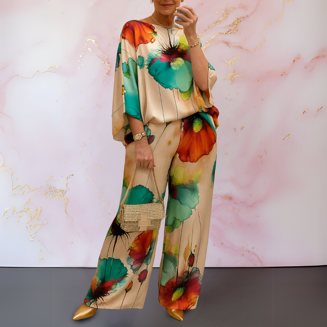 Watercolor Floral Batwing Top and Wide Leg Pants Two Piece Set