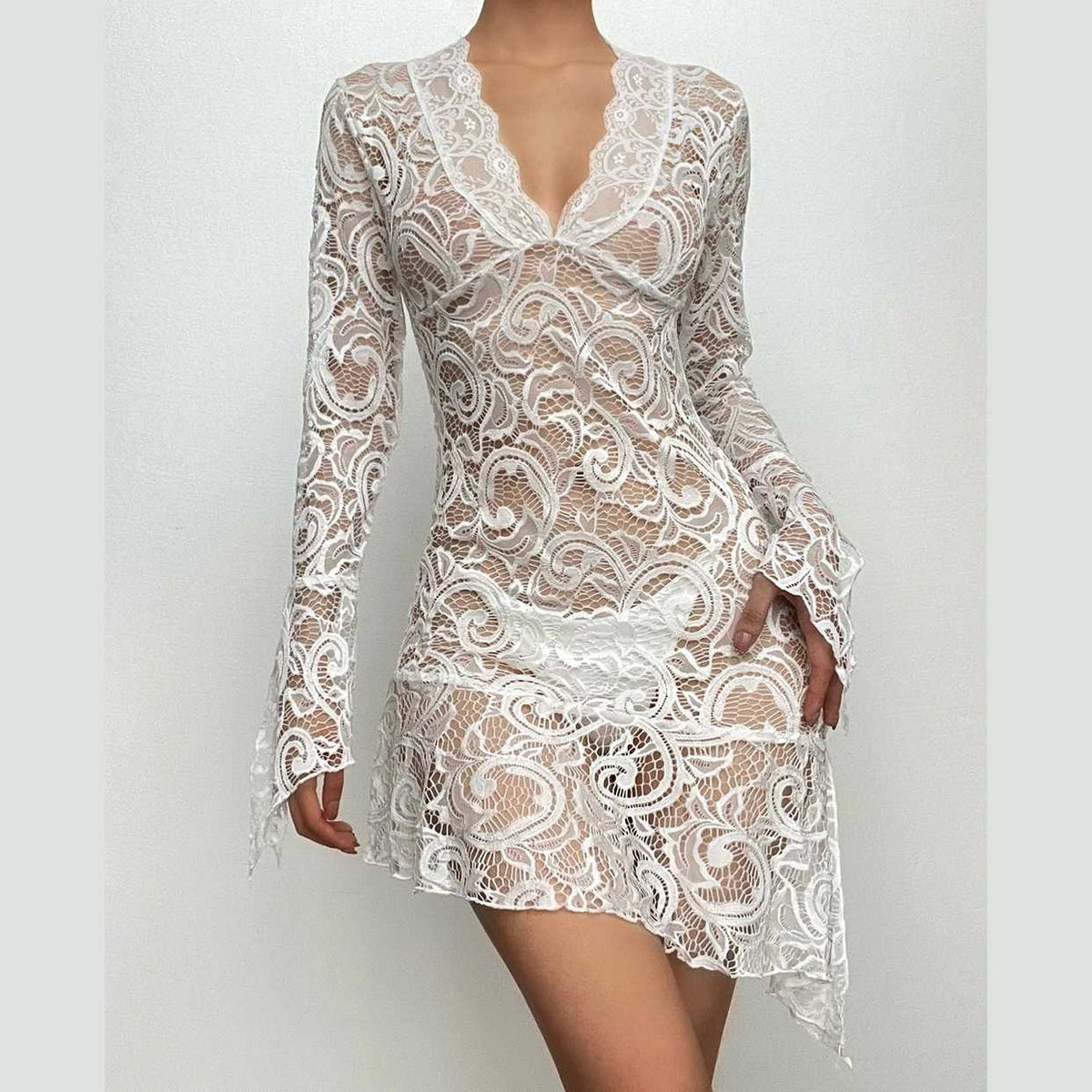 Sheer Lace V-Neck Flared Long Sleeve Asymmetric Hem Mini Dress 12