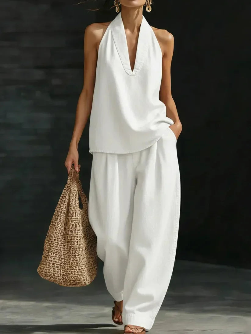 Denim Look Halter Deep V-Neck Top and Wide Leg Pants Two Piece Set