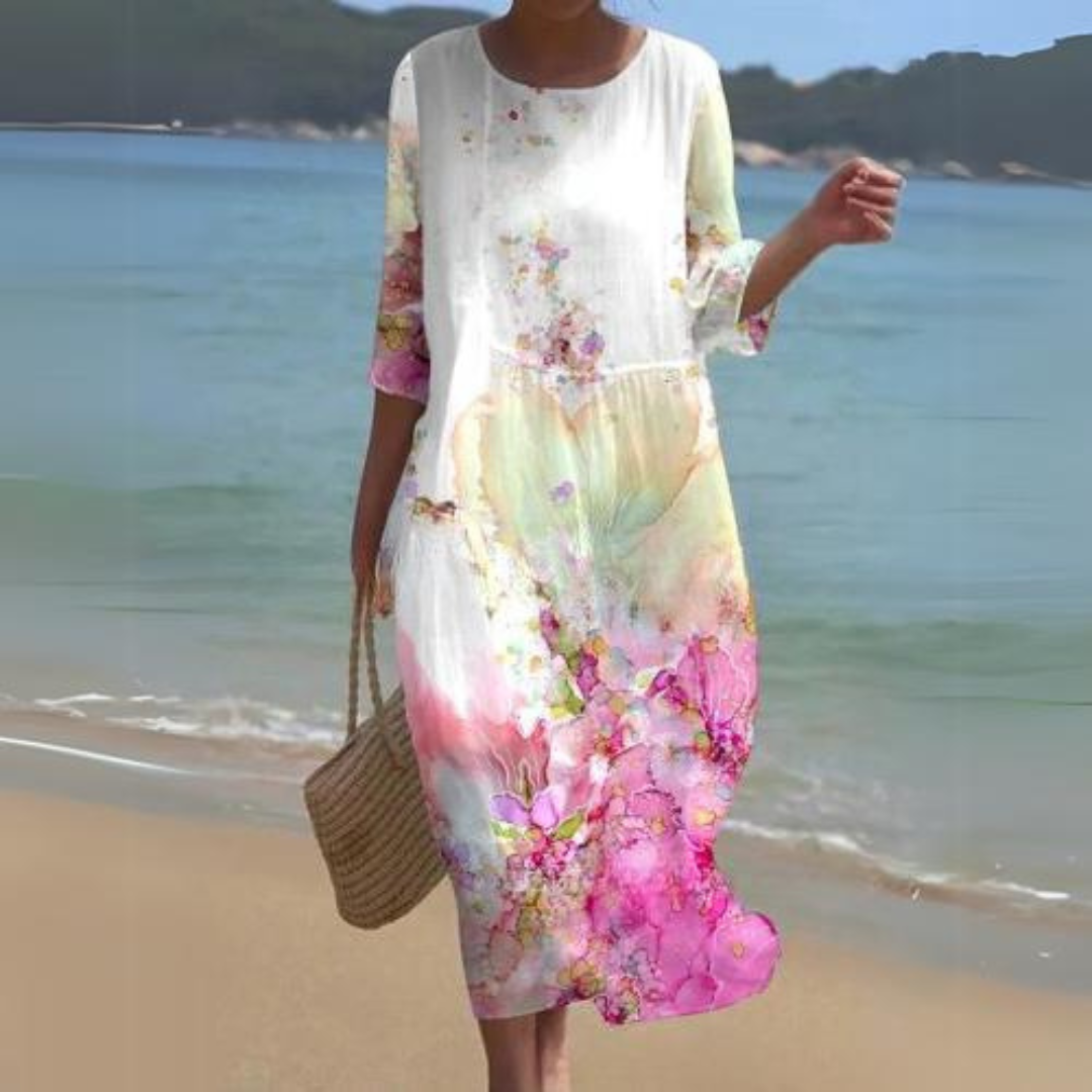 Floral Round Neck Half Sleeve Shift Summer Midi Dress