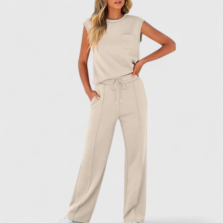 Cap Sleeve Top and Drawstring Wide Leg Pants Two Piece Set