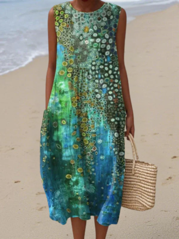 Abstract Print Sleeveless Round Neck Midi Dress