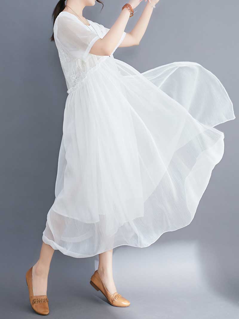 Lace Bodice Sheer Overlay Empire Waist Handkerchief Hem Midi Dress