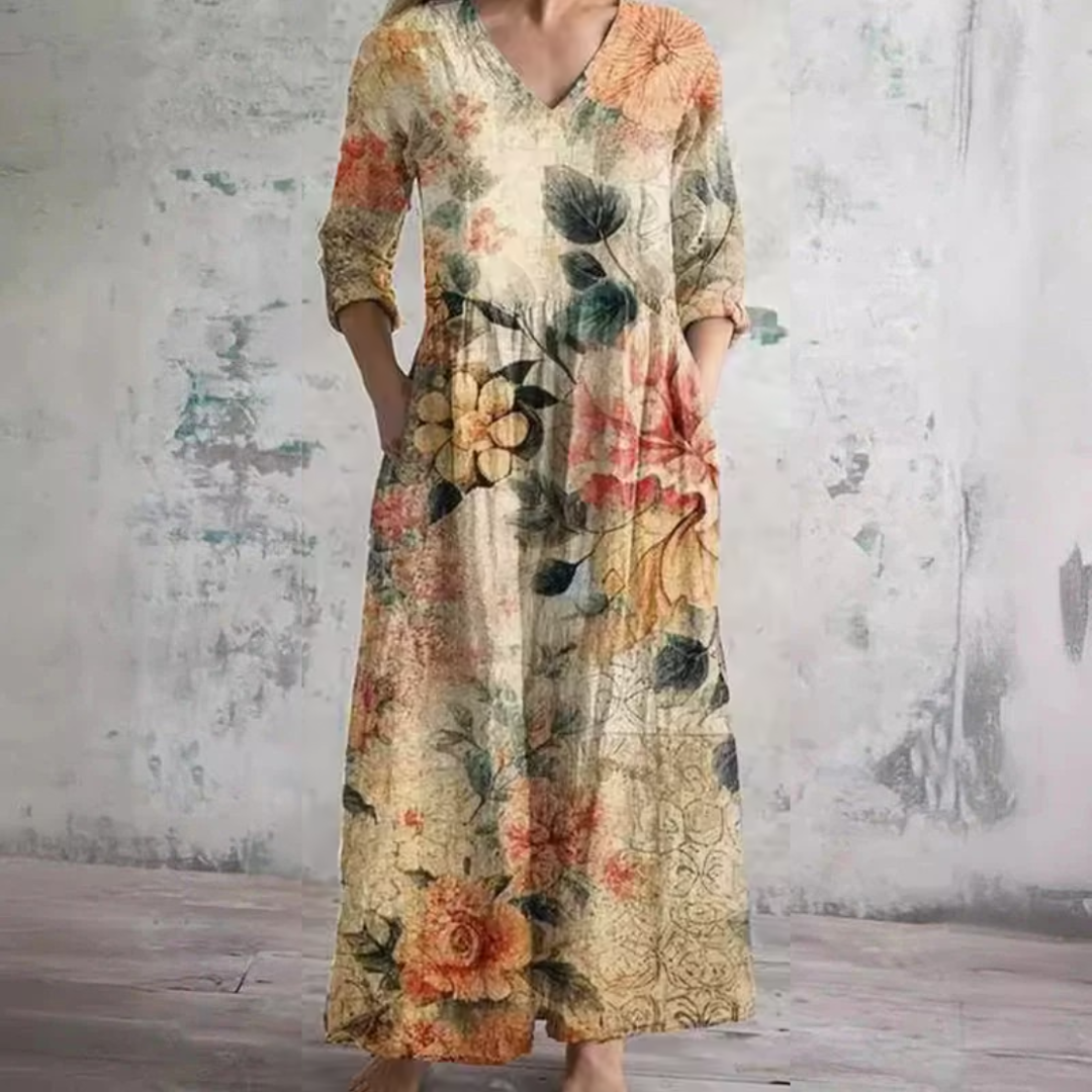 Vintage Floral V-Neck Long Sleeve Pocket Maxi Dress