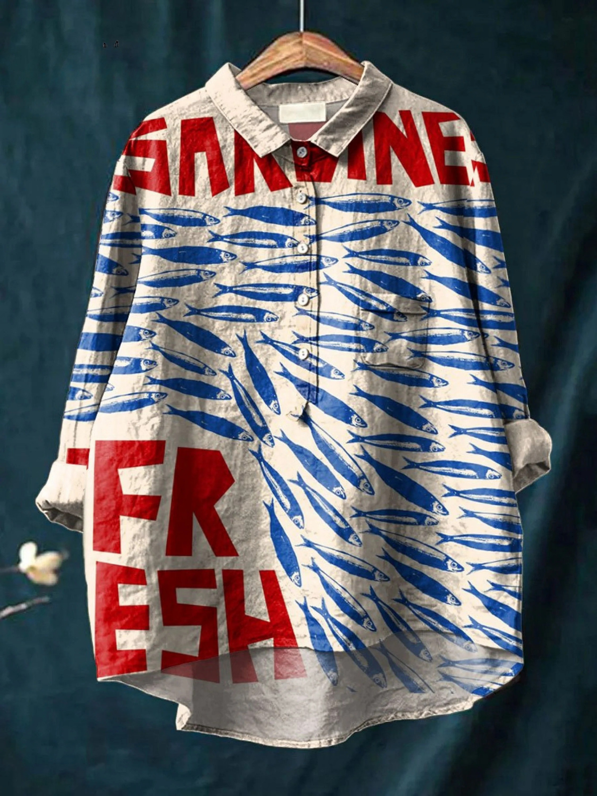 Sardine Fish Print Button Front Long Sleeve Shirt