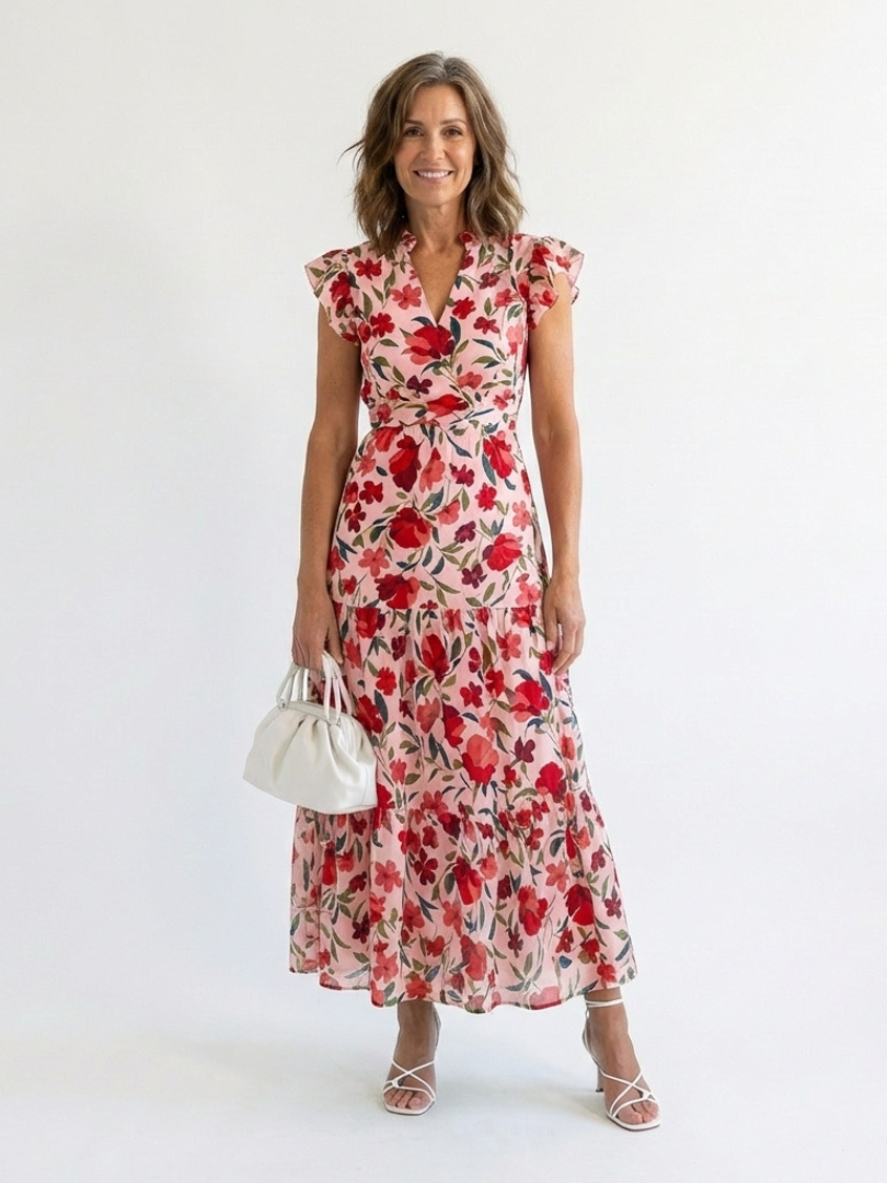 Floral Flutter Sleeve Split Neck Tiered Maxi Dress