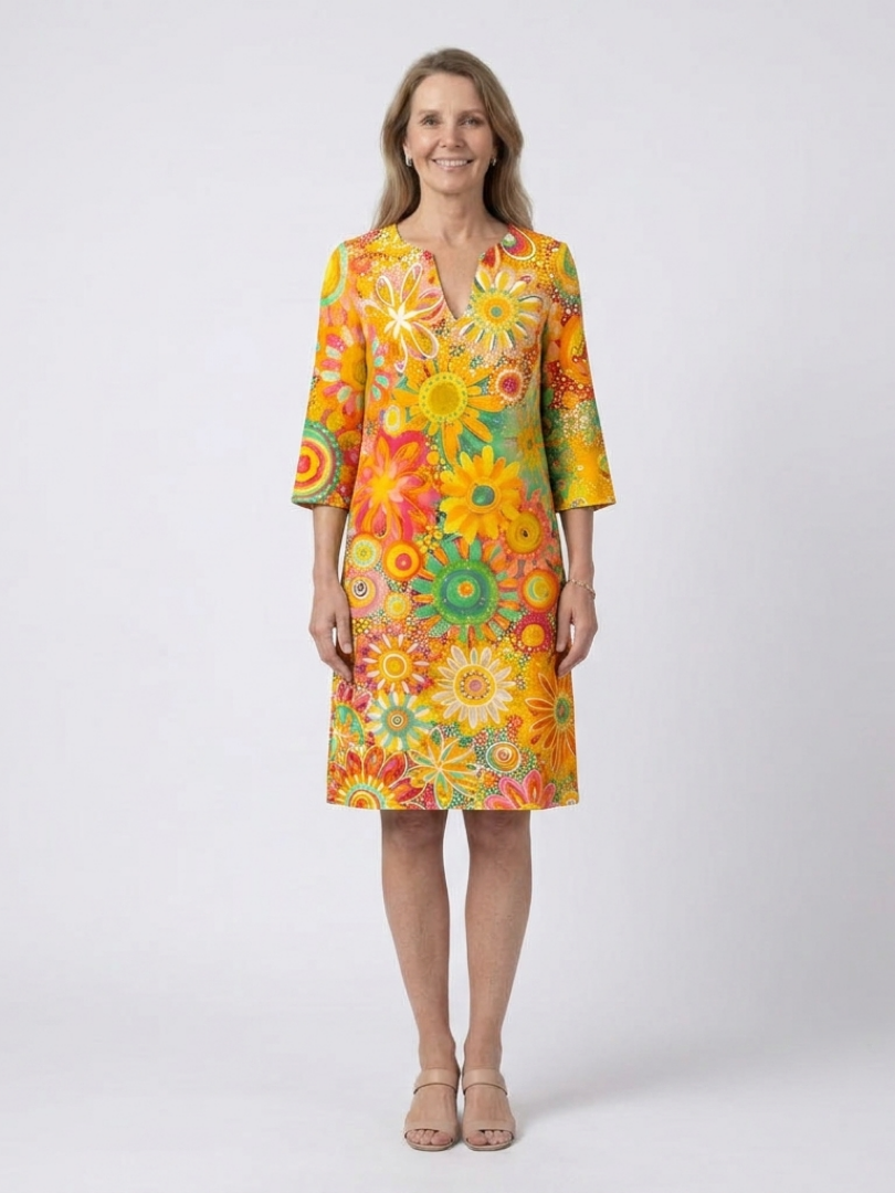 Floral V-Neck Three Quarter Sleeve Midi Shift Dress
