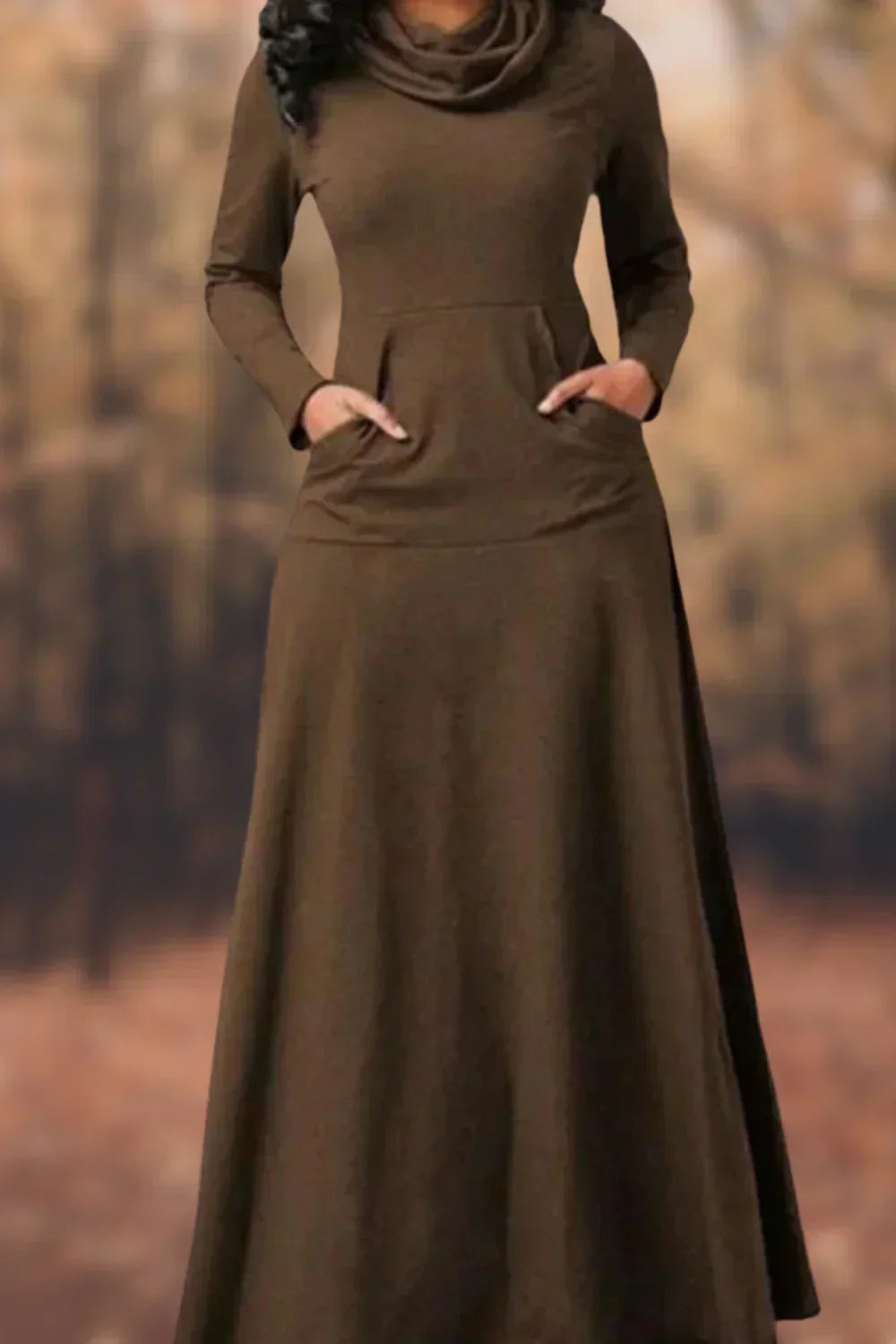 Knit Cowl Neck Long Sleeve Kangaroo Pocket Maxi Dress