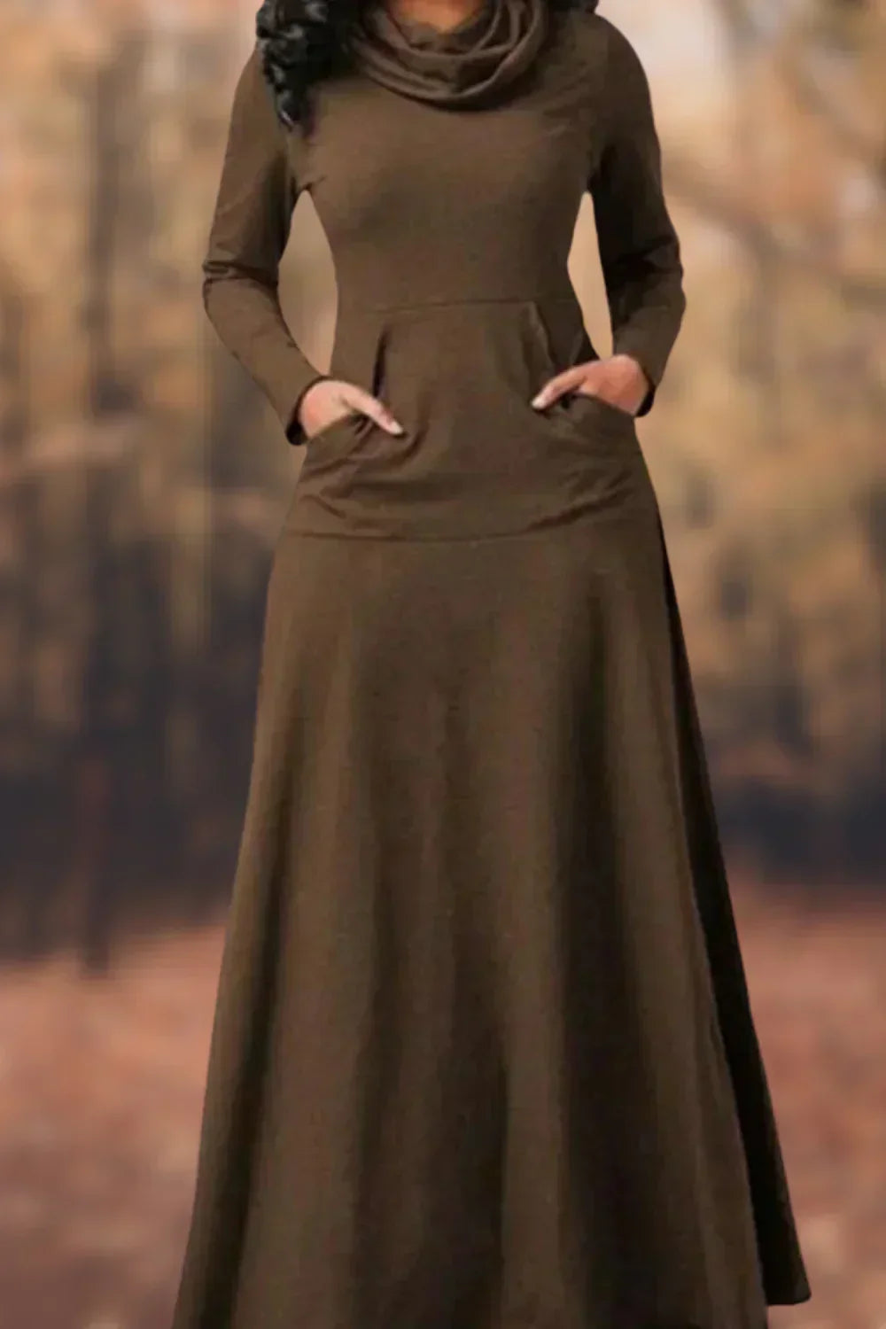 Knit Cowl Neck Long Sleeve Kangaroo Pocket Maxi Dress - View 5