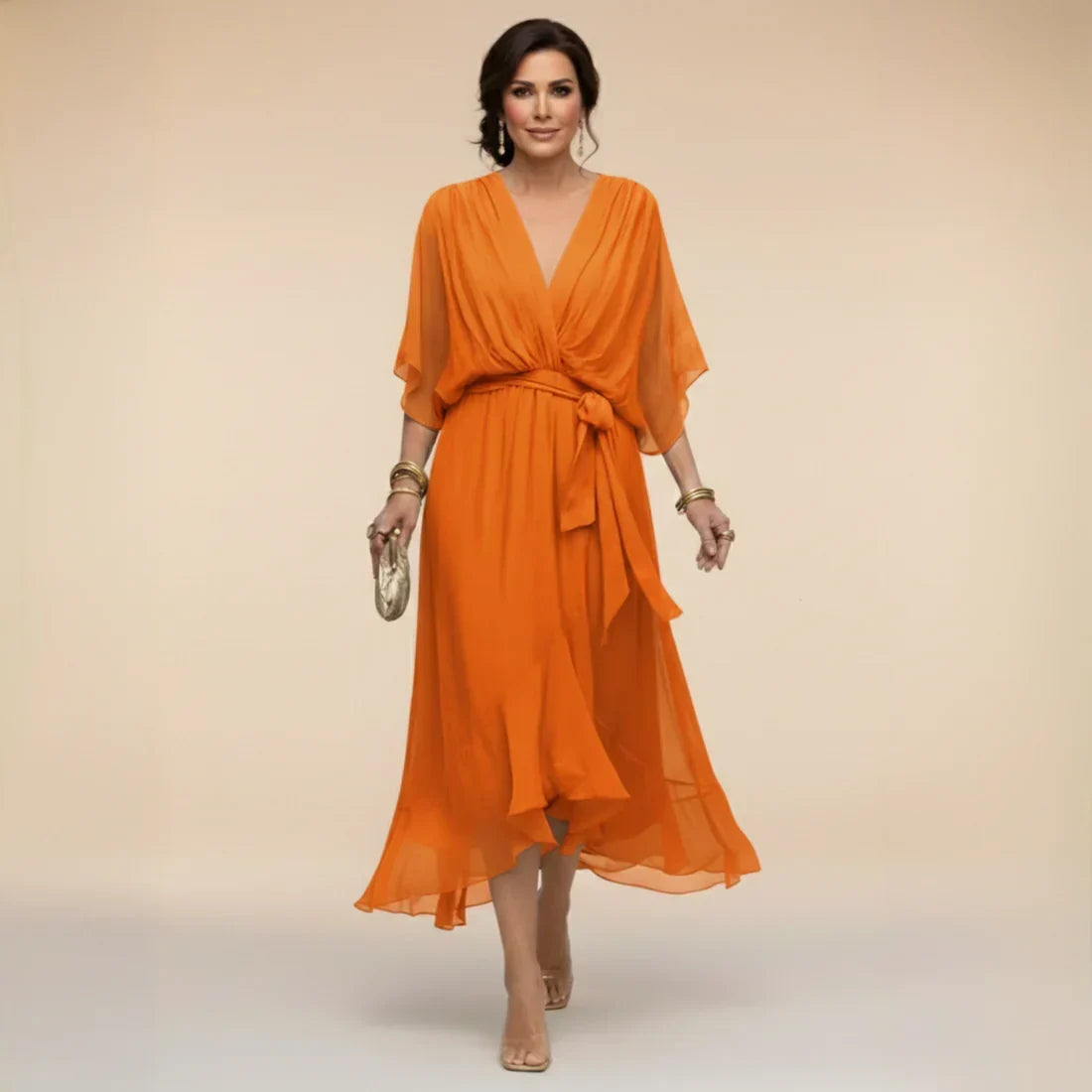 Chiffon V-Neck Kimono Sleeve Tie Waist Ruffle Hem Midi Dress