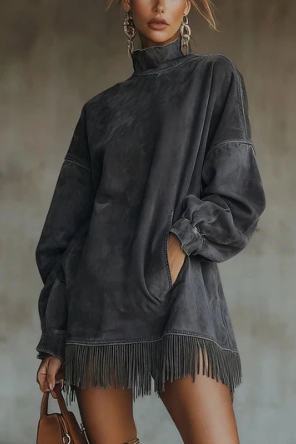 Suede High Neck Long Sleeve Fringe Pocket Mini Dress 10