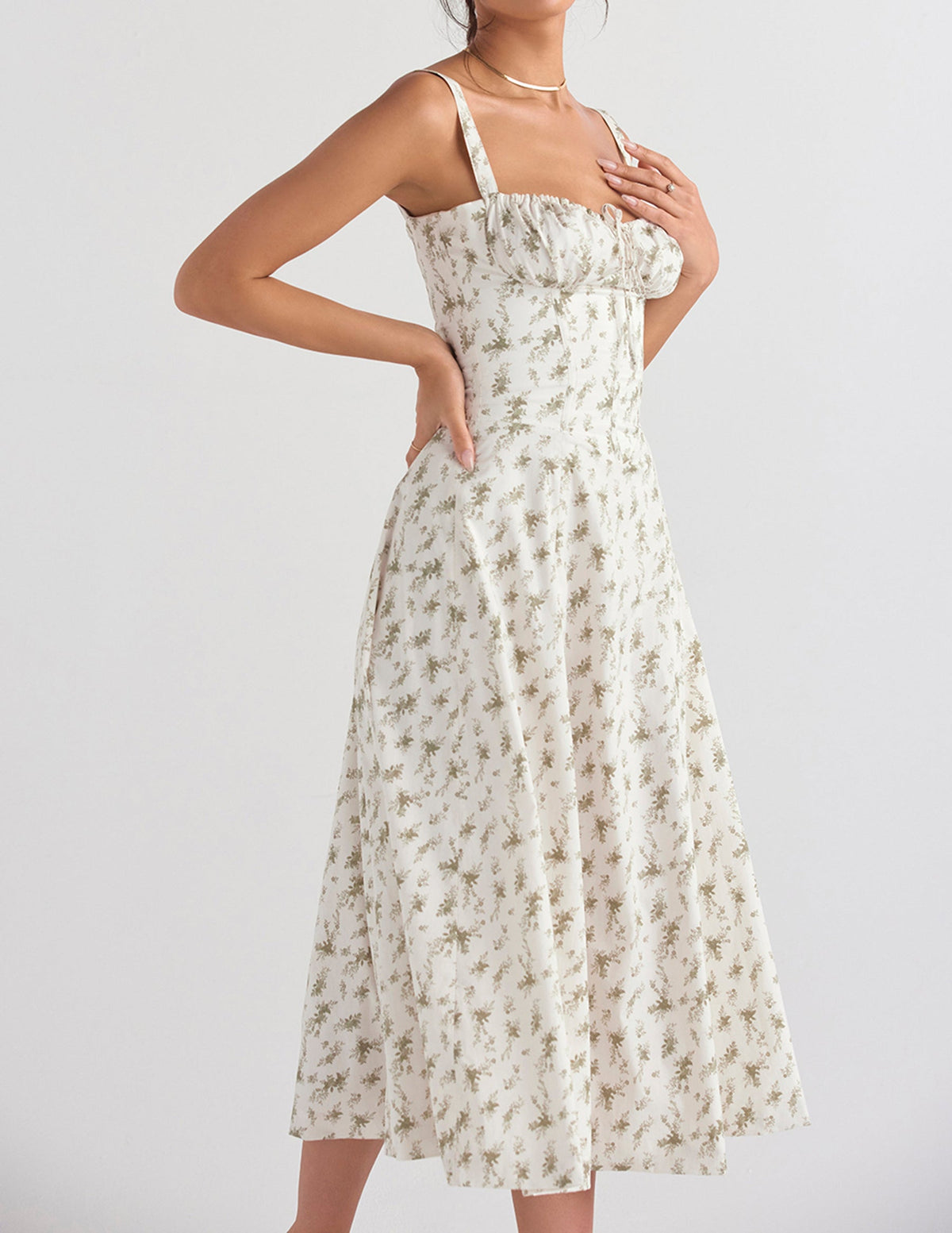 Floral Print Sweetheart Neck Corset High Split Midi Dress