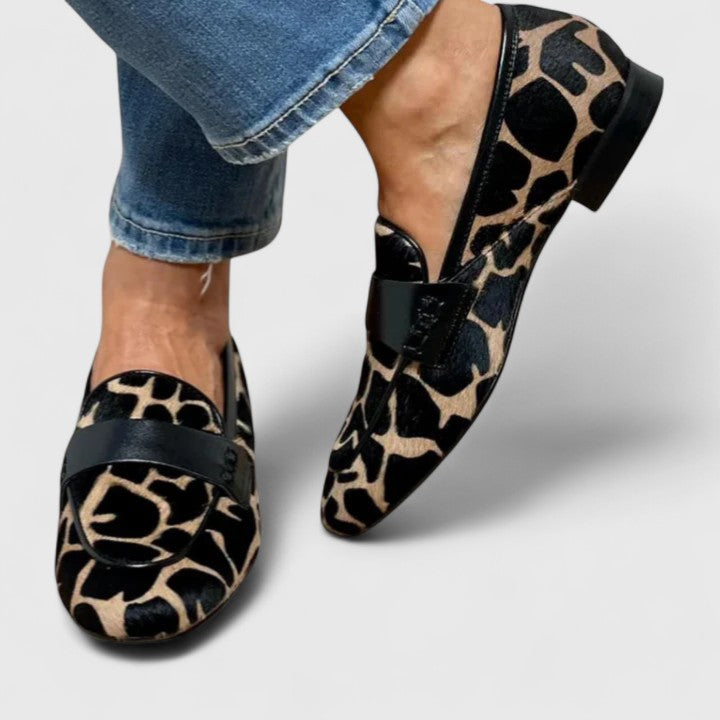 Giraffe Print Buckle Strap Block Heel Loafers