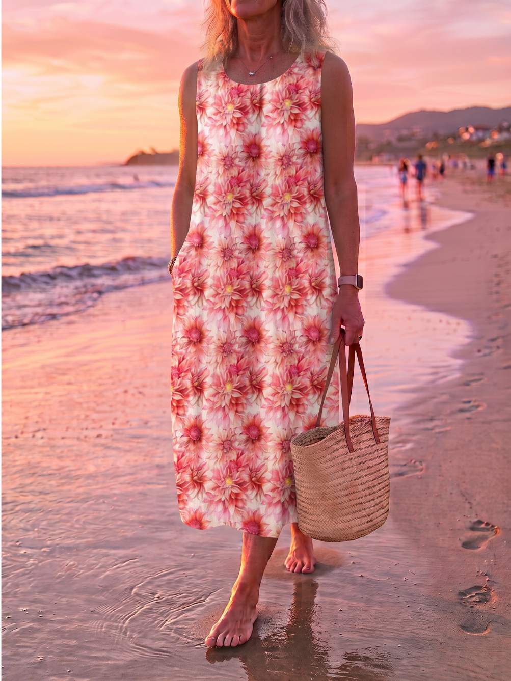 Round Neck Dahlia Floral Sleeveless Shift Midi Dress