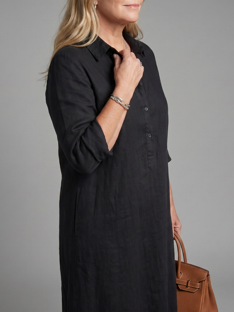 Collared Button Placket Long Sleeve Shirt Maxi Dress