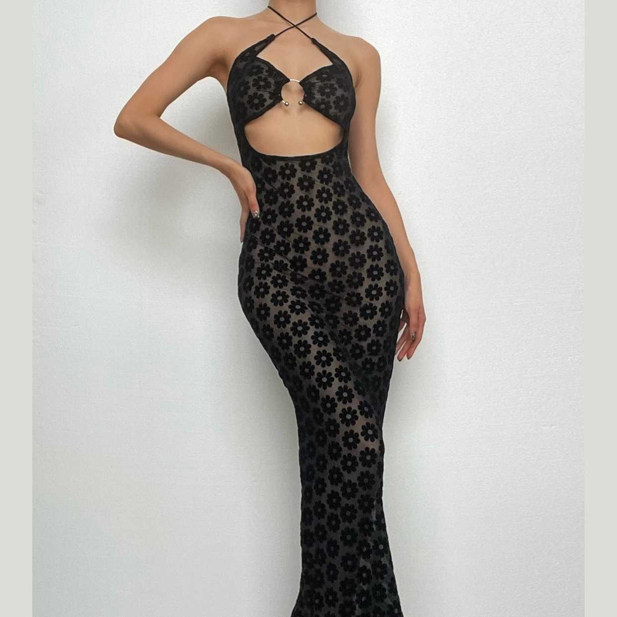 Floral Mesh Halter Neck O Ring Cut Out Bodycon Maxi Dress