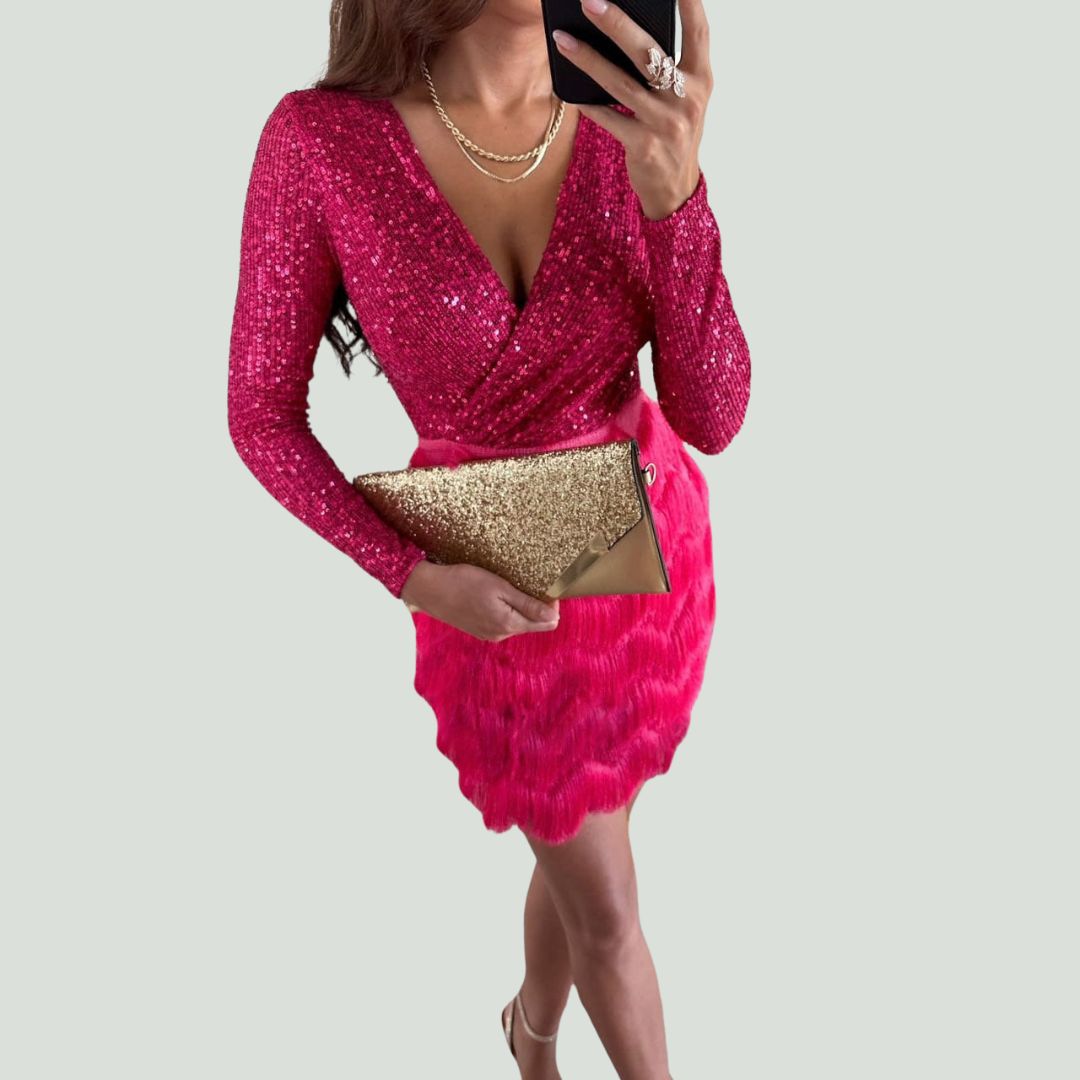 Sequin Deep V-Neck Wrap Long Sleeve Textured Skirt Mini Dress